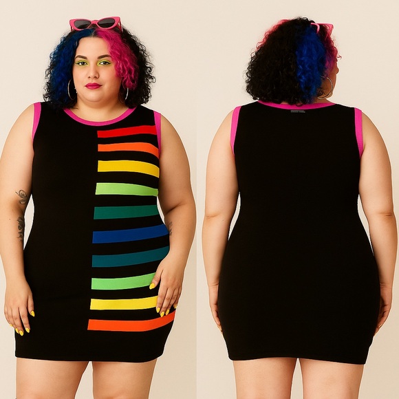 ELHOFFER DESIGN Pride Rainbow Fitted Knit Sheath Mini Dress Sleeveless Black - Picture 3 of 14